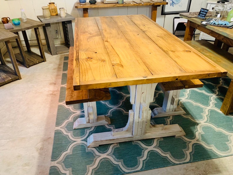 Early American Top Trestle Style Rustic Farmhouse Table Set with Two Benches Distressed White Base Wooden Dining Set with Trim