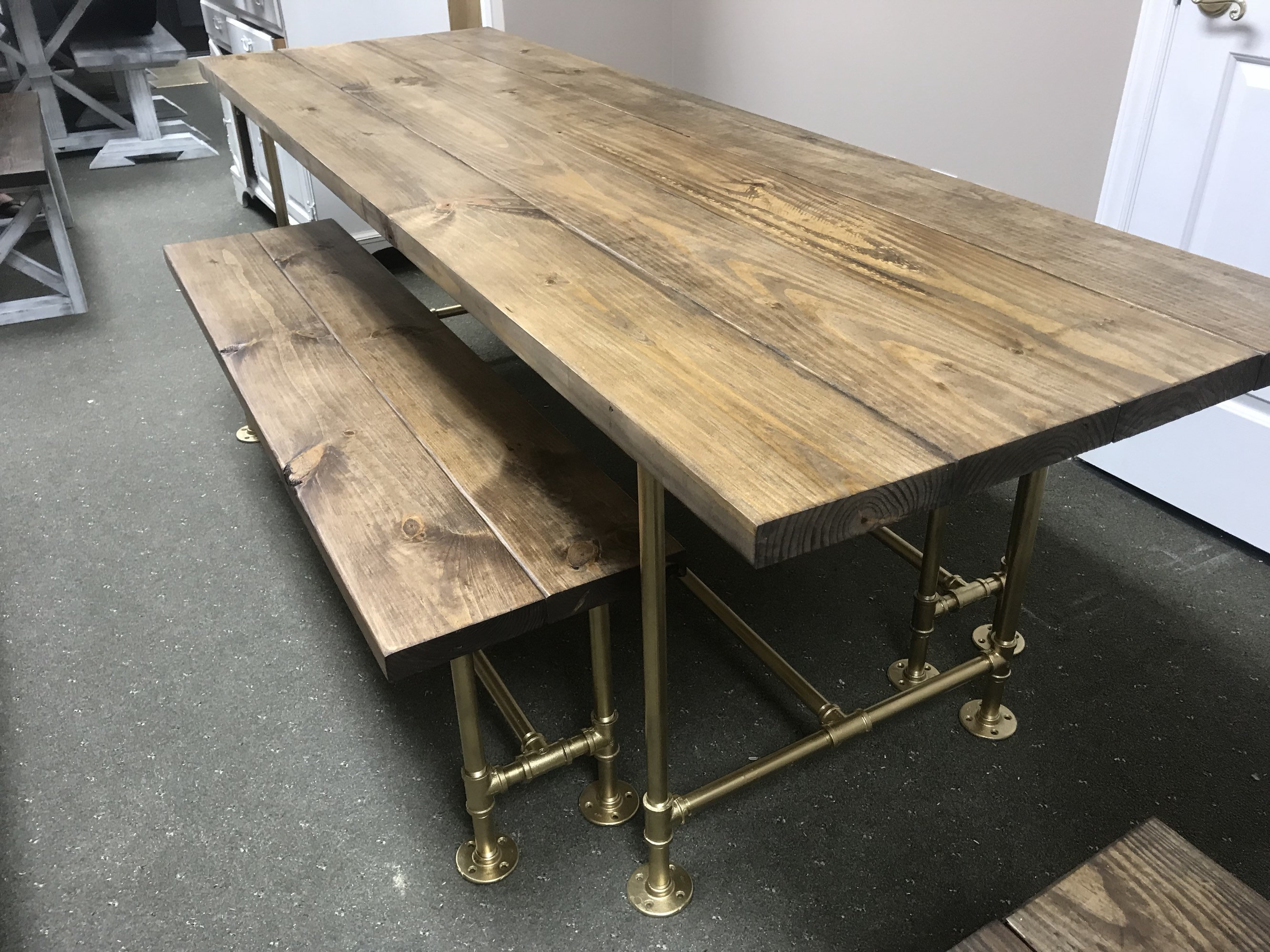 Retro Industrial Style Modern Farmhouse Table with Benches Gold Iron ...