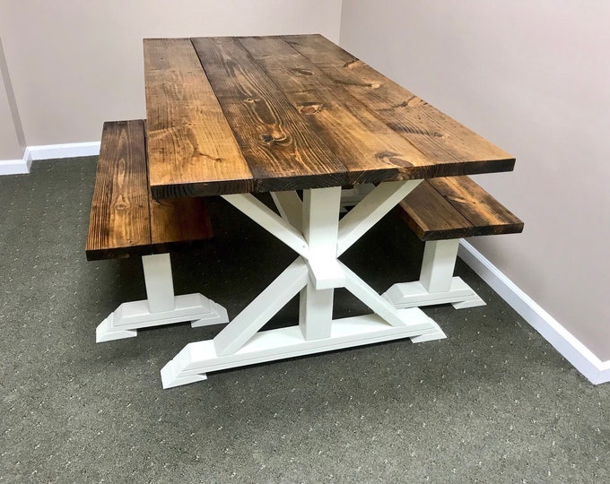 Rustic Pedestal Farmhouse Table With Benches Provincial Brown with Solid White Base Dining Set