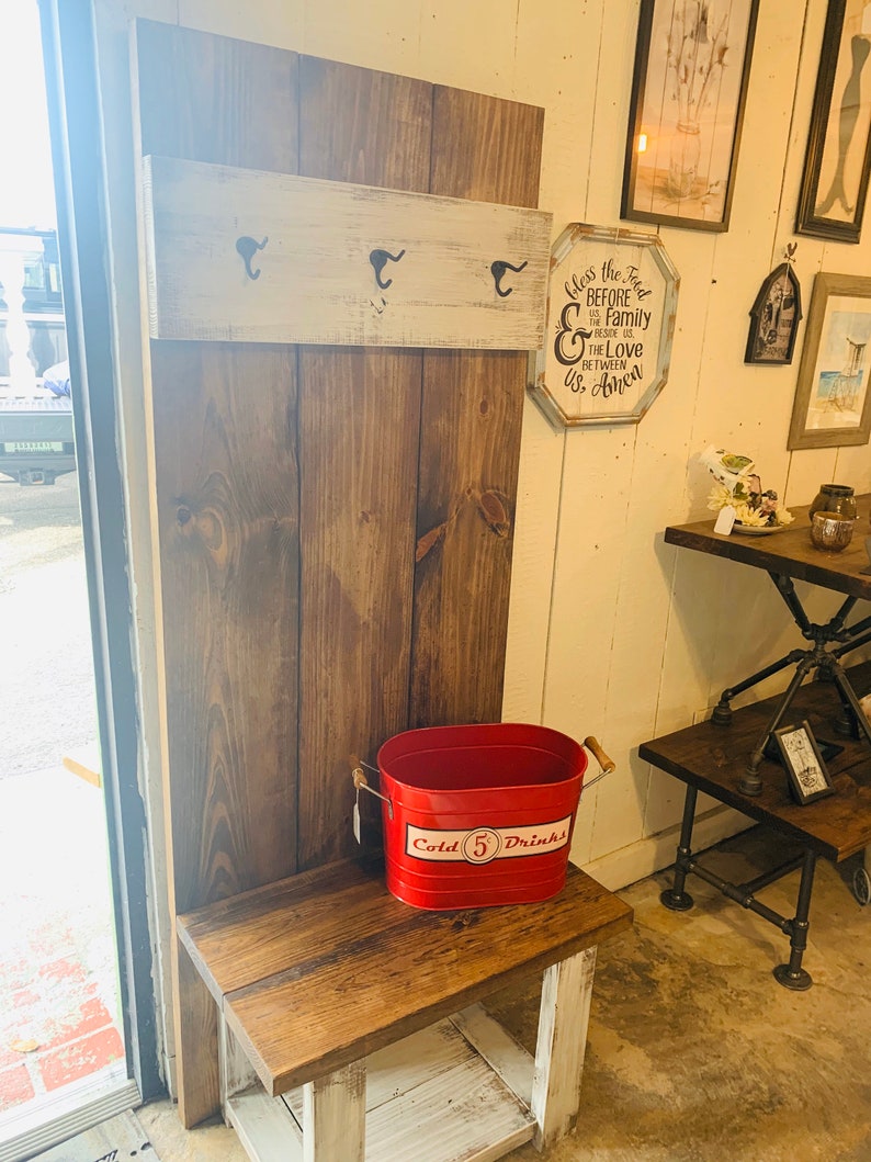 Rustic Farmhouse Hall Tree With Hooks Solid Wood Distressed Etsy