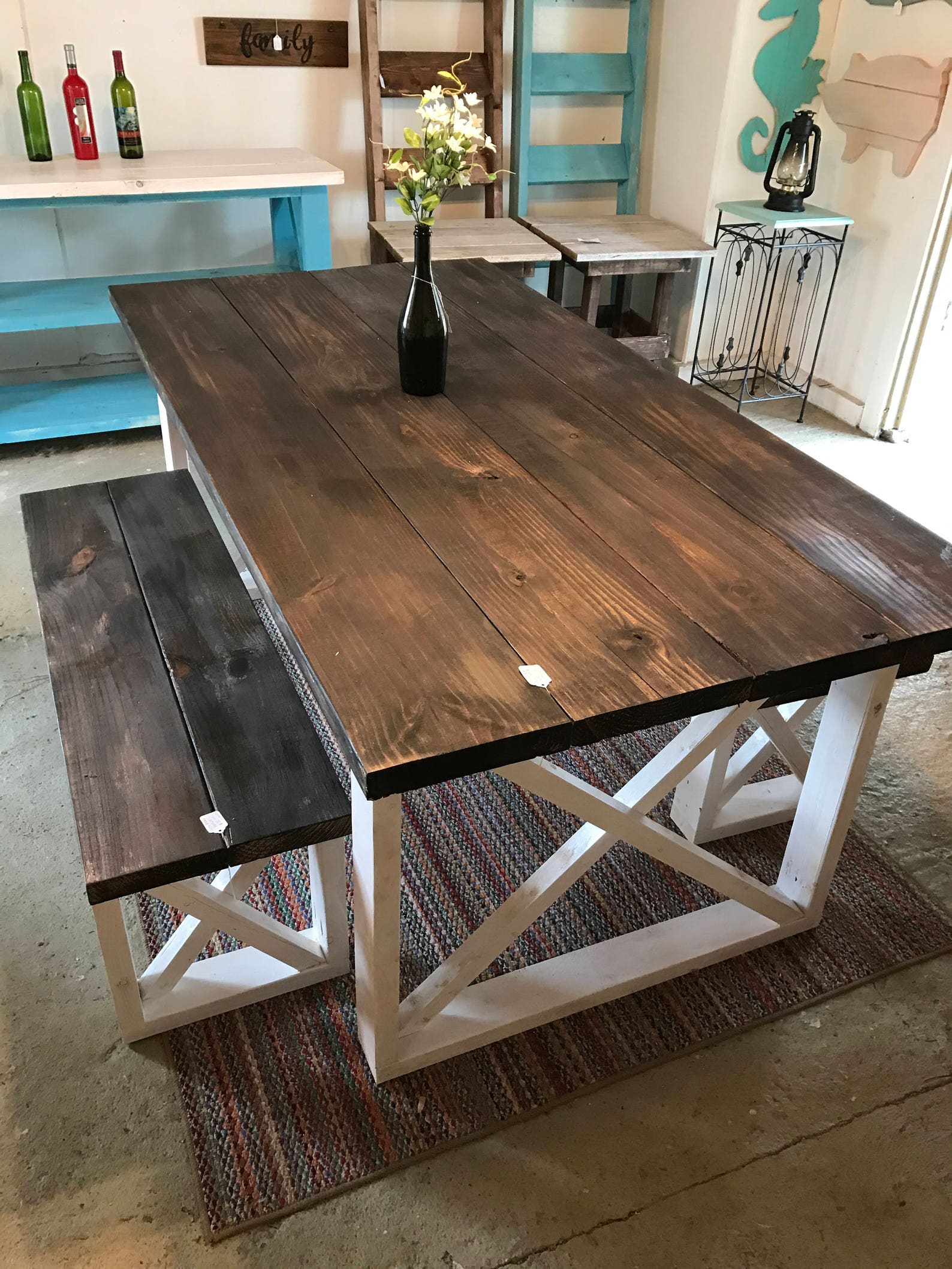 Rustic Farmhouse Table With Benches With Dark Walnut Top and - Etsy