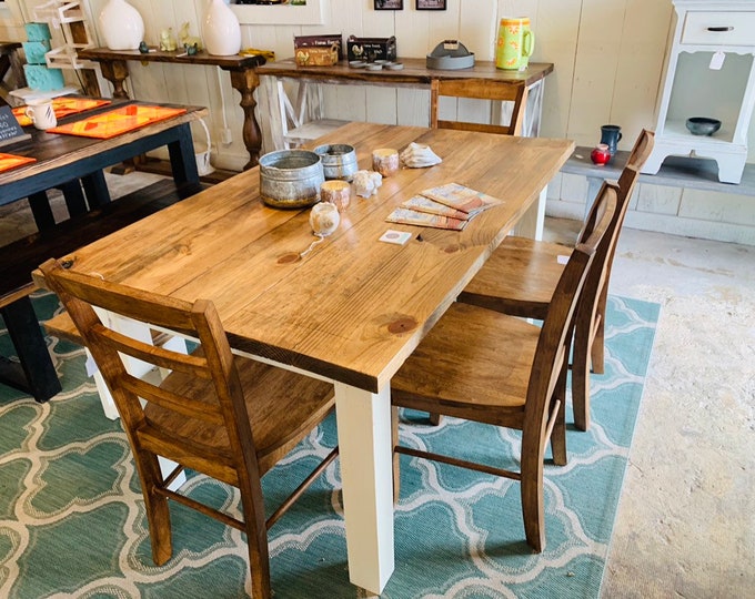 Farmhouse Dining Set - Bench Seating - Early American, Antique White - Wooden Kitchen or Dining Room Table - Rustic Farmhouse Style