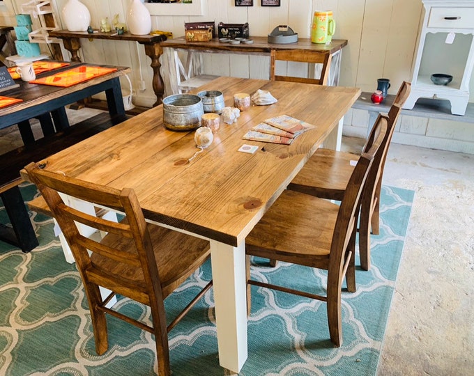 Farmhouse Table Set with Bench and Chairs, White Base and Early American Brown Top, Dining Set with Chairs Kitchen Table Set