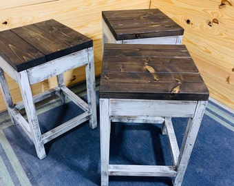 Rustic Farmhouse Counter Height Stools, Espresso Brown Top and Distressed White Base, Wooden Stool Set For Kitchen