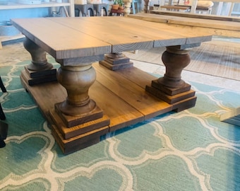 Large Farmhouse Style Coffee Table, Square Table, Early American Brown, Wooden Living Room Set with X Turned Legs