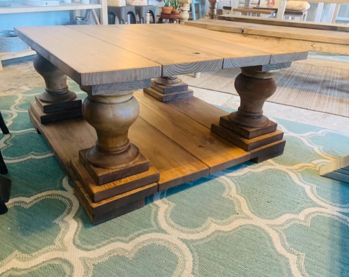 Large Farmhouse Style Coffee Table, Square Table, Early American Brown, Wooden Living Room Set with X Turned Legs