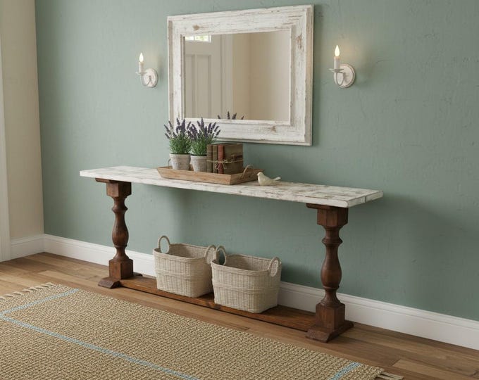 Farmhouse Console Table Entryway Sofa Narrow Turned Leg Trestle Solid Wood Rustic Distressed Handmade