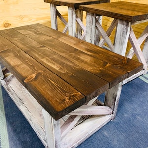Farmhouse Coffee Table and End Tables Set: Distressed White & Red Mahogany