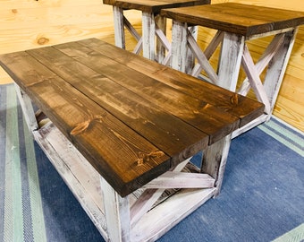 Farmhouse Coffee Table and End Tables Set: Distressed White & Red Mahogany
