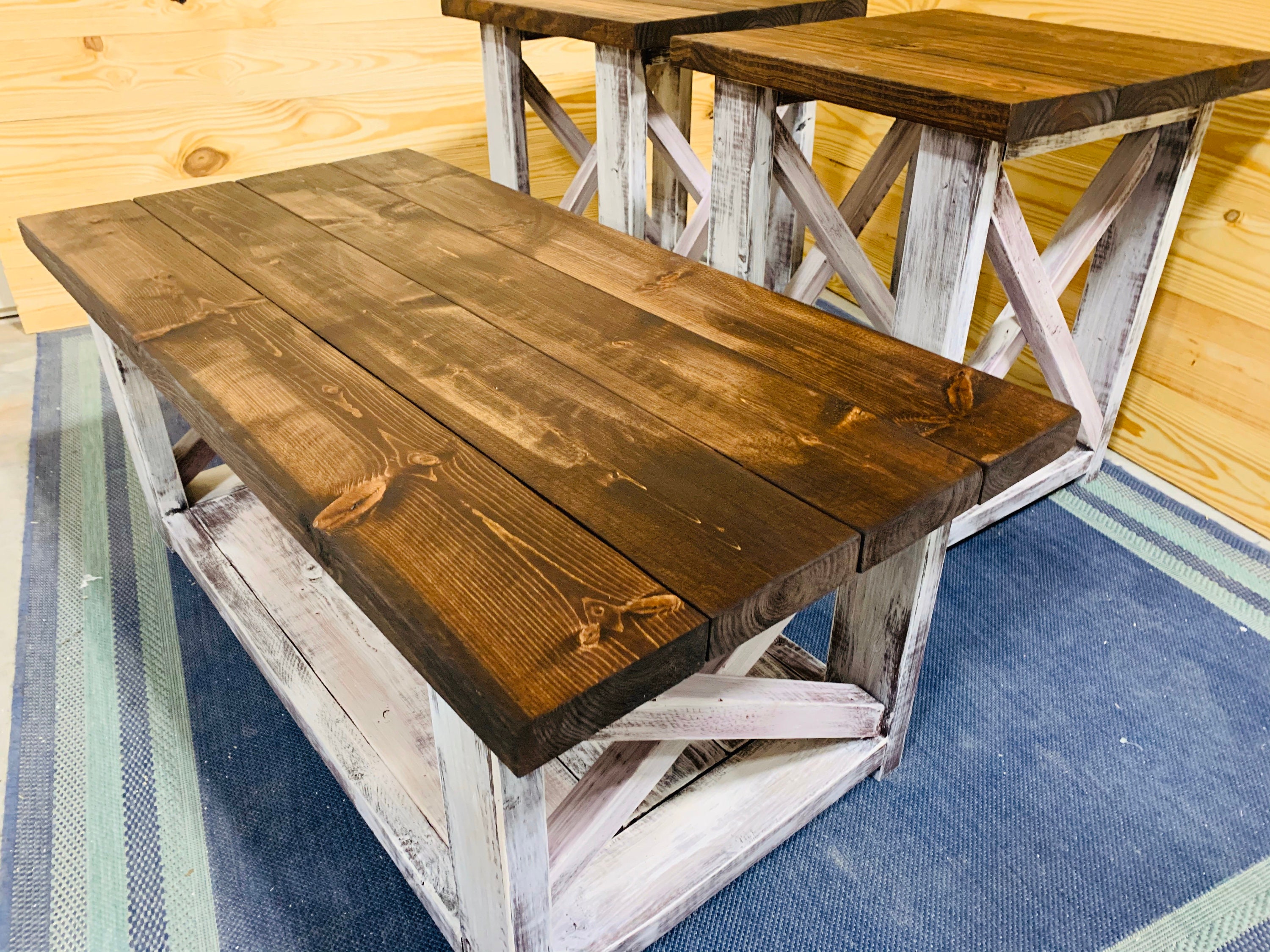 Farmhouse Living Room Set End Tables Set And Coffee Table With Distressed White Base And Red Mahogany Top Rustic Living Room Furniture X