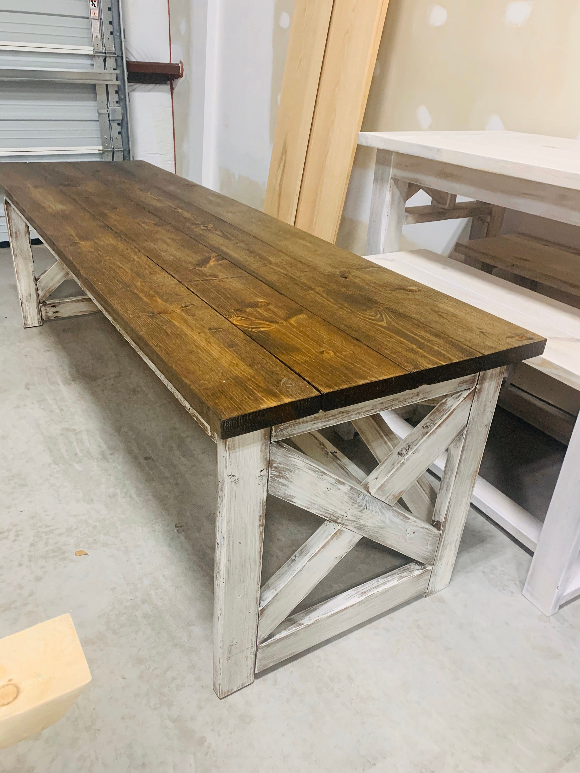 Long Rustic Farmhouse Desk with A Dark Walnut Top and White Distressed