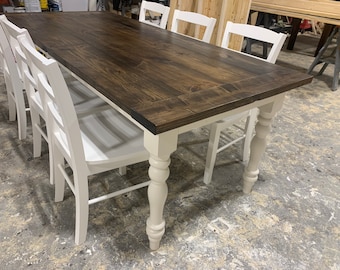 7ft Rustic Farmhouse Table with Chairs and Turned Legs, Dark Walnut Top and Antique White Base, Wooden Dining Table