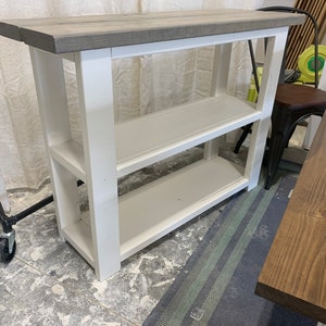 Rustic Farmhouse Narrow Bookcase, Console or Entryway Table with A Classic Gray Top and Solid White Base, Wooden Shelving Unit