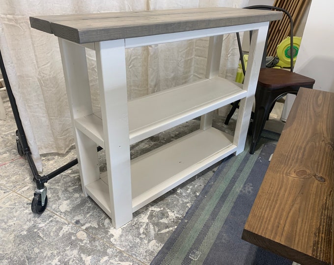 Rustic Farmhouse Narrow Bookcase, Console or Entryway Table with A Classic Gray Top and Solid White Base, Wooden Shelving Unit