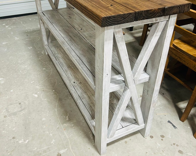 Farmhouse Style Buffet, Sideboard, Console, or Entryway Table, Red Mahogany and Distressed White, Handmade Shelving