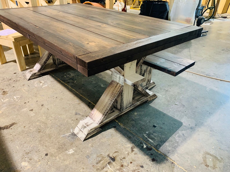 Chunky Farmhouse Table With Rustic Pedestal Base and Bench Etsy
