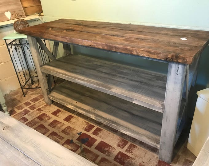 Rustic Wooden Buffet Table, Rustic Console Table, Farmhouse Buffet Table, White Wash with Gray Base and Provincial Brown Top