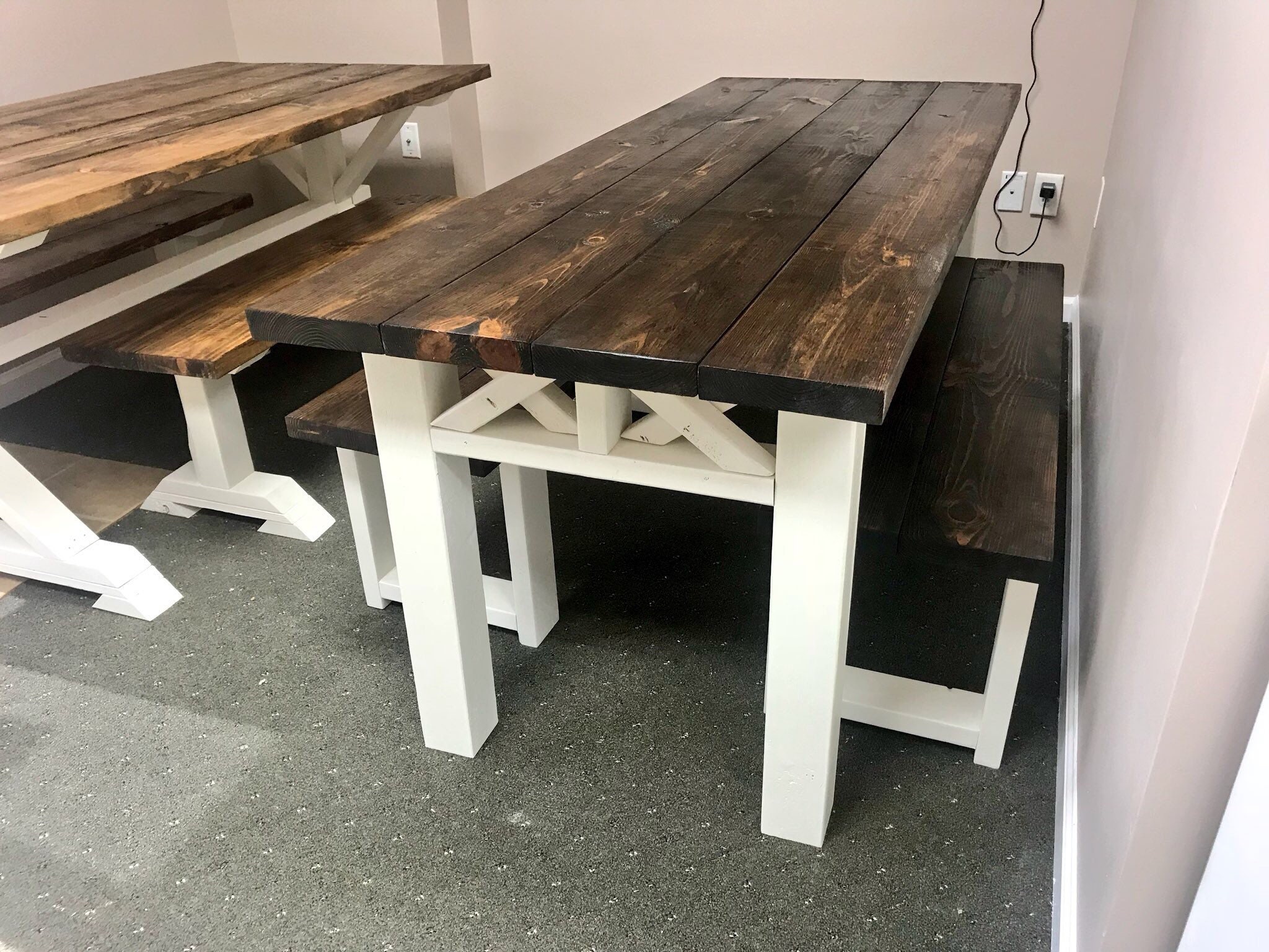 Rustic Wooden Farmhouse Table Set With Espresso Top and Antique