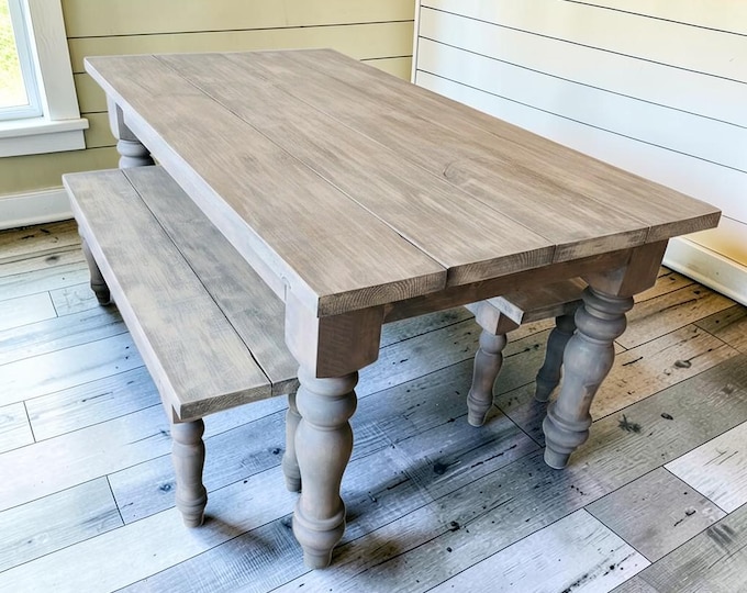 Farmhouse Dining Table Set With Benches 6ft Gray Turned Leg Kitchen Table
