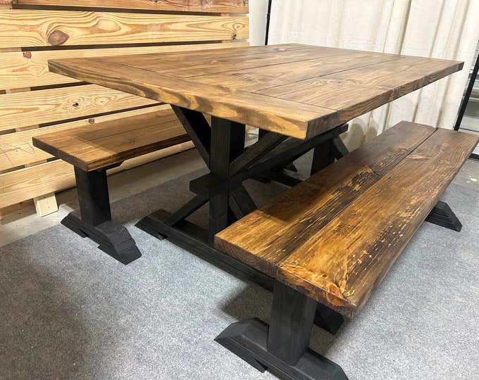 Modern Farmhouse Trestle Style Table Set - With Benches - Black Base with Provincial Brown Top - Dining and Kitchen Table