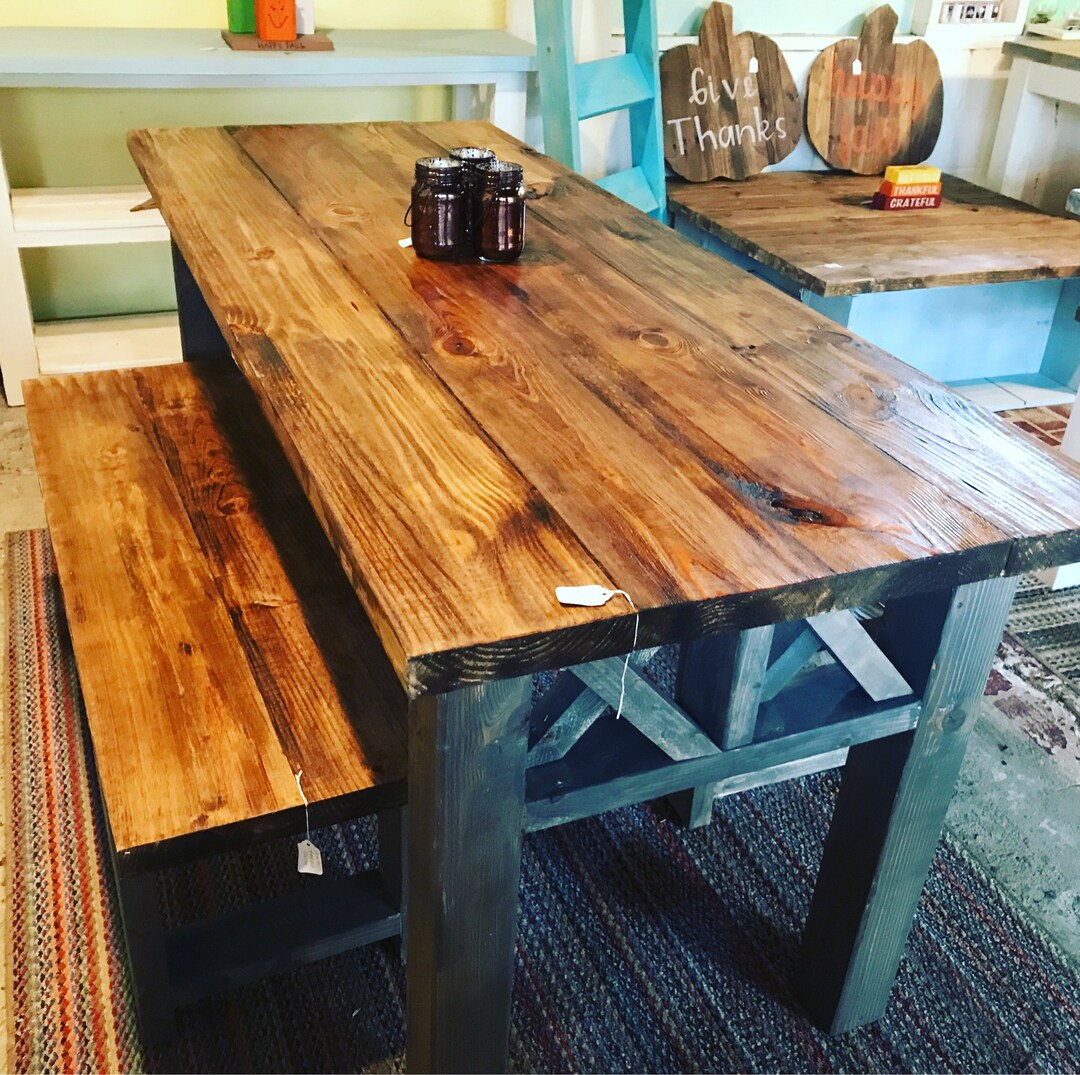 Rustic Wooden Farmhouse Table Set With Provincial Brown Top and Classic ...