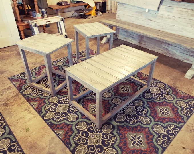 Farmhouse Living Room Set, Gray White Wash Top, Gray base, Wooden End Tables and Coffee Table Living Room Set