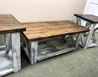 Farmhouse Living Room Set, End Tables Set and Coffee Table with Distressed White Base and Dark Walnut Top, Rustic Living Room Furniture X