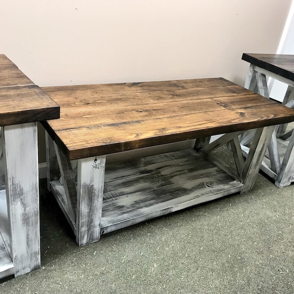 Farmhouse Living Room Set, End Tables Set and Coffee Table with Distressed White Base and Dark Walnut Top, Rustic Living Room Furniture X