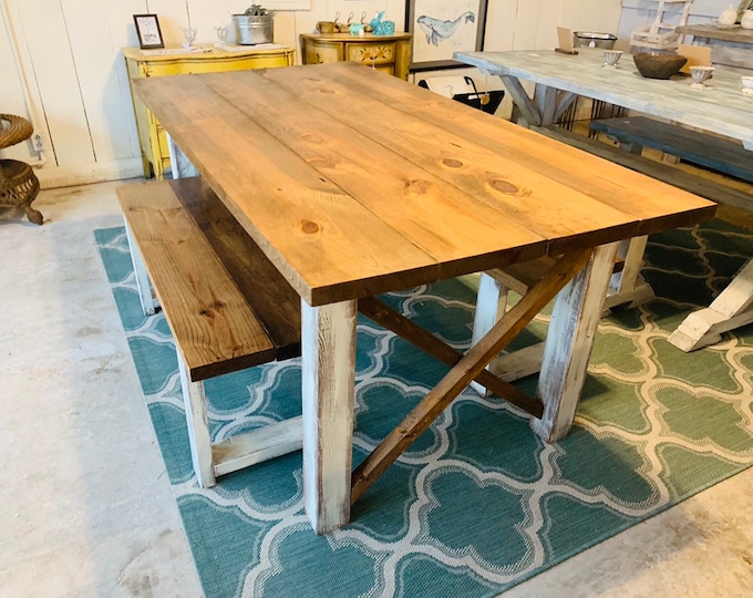 Modern Farmhouse Table Set with Benches, Early American Brown Top, and White Distressed Base, Wooden Dining Set 6ft Table