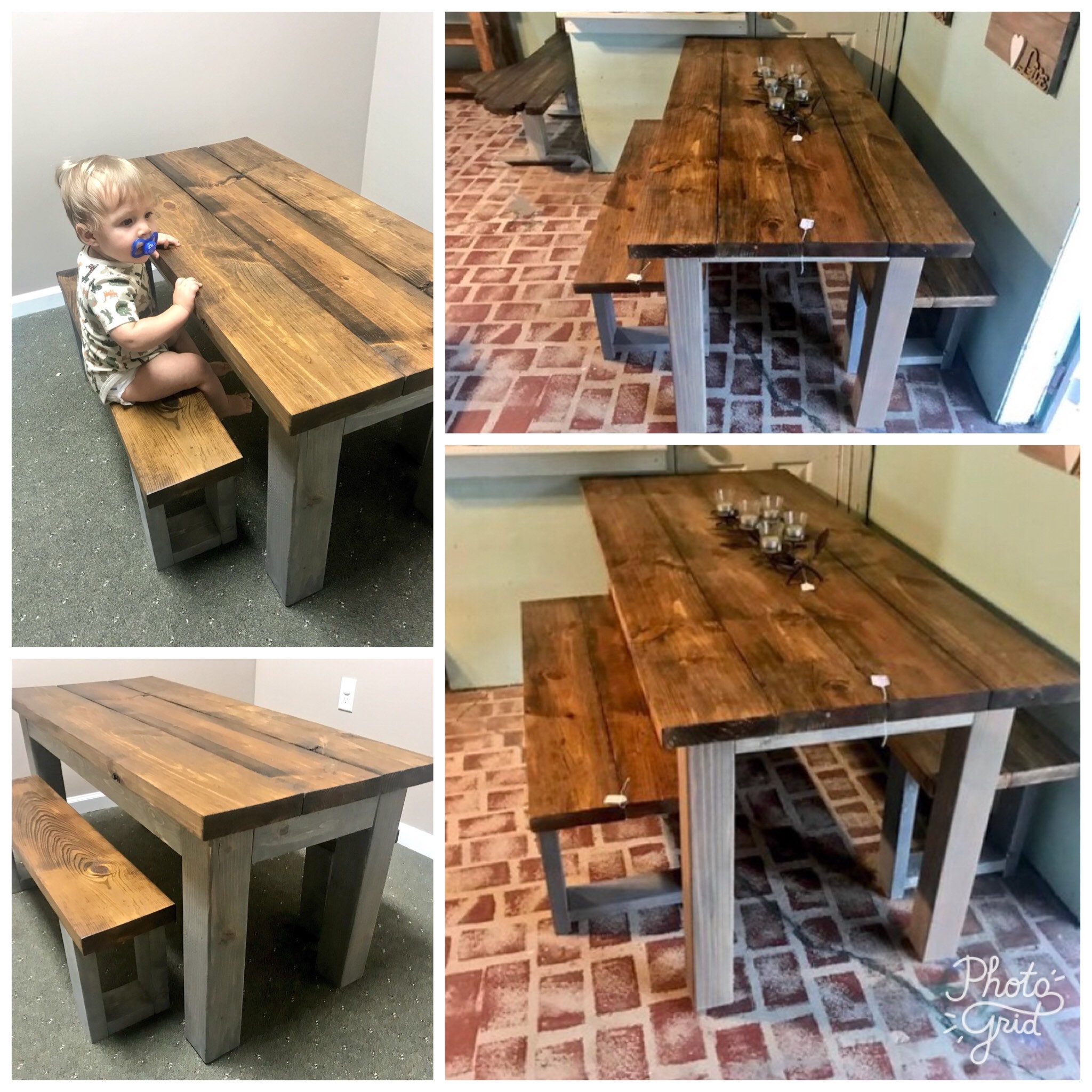 Rustic Wooden Farmhouse Table Set with Provincial Brown Top and Classic Gray Base Includes Two Benches Dining Set With Matching Kids Set