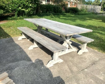 Farmhouse Table with Long Benches, Banquet Table, Large Farmhouse Table with Gray White Wash top and Distressed White Bas