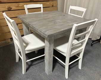 Square Farmhouse Table - With Chair Option - Small Dining Table - Wooden Nook Table Set - Gray White Wash, Distressed White