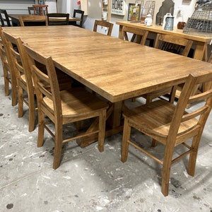 Extendable Farmhouse Table, Two Leaf Dining Set with Chairs, Modern Trestle Style Base, Stained Provincial Brown, Hardwood