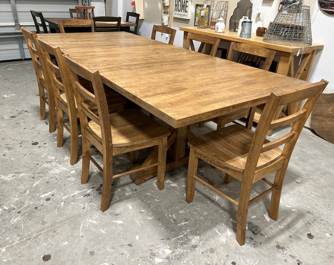 Extendable Farmhouse Table, Two Leaf Dining Set with Chairs, Modern Trestle Style Base, Stained Provincial Brown, Hardwood