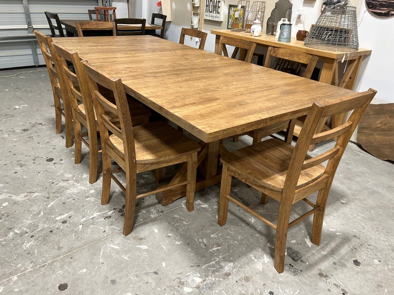 Extendable Farmhouse Table, Two Leaf Dining Set with Chairs, Modern Trestle Style Base, Stained Provincial Brown, Hardwood image 1