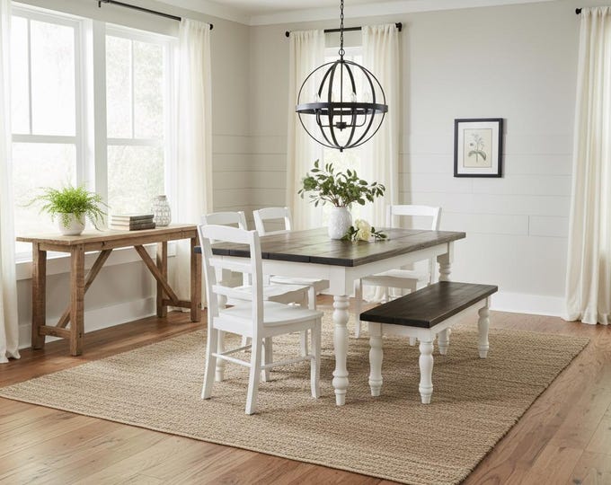 Farmhouse Dining Table Set Bench Chairs Solid Wood Turned Legs Rustic Kitchen 5ft Small