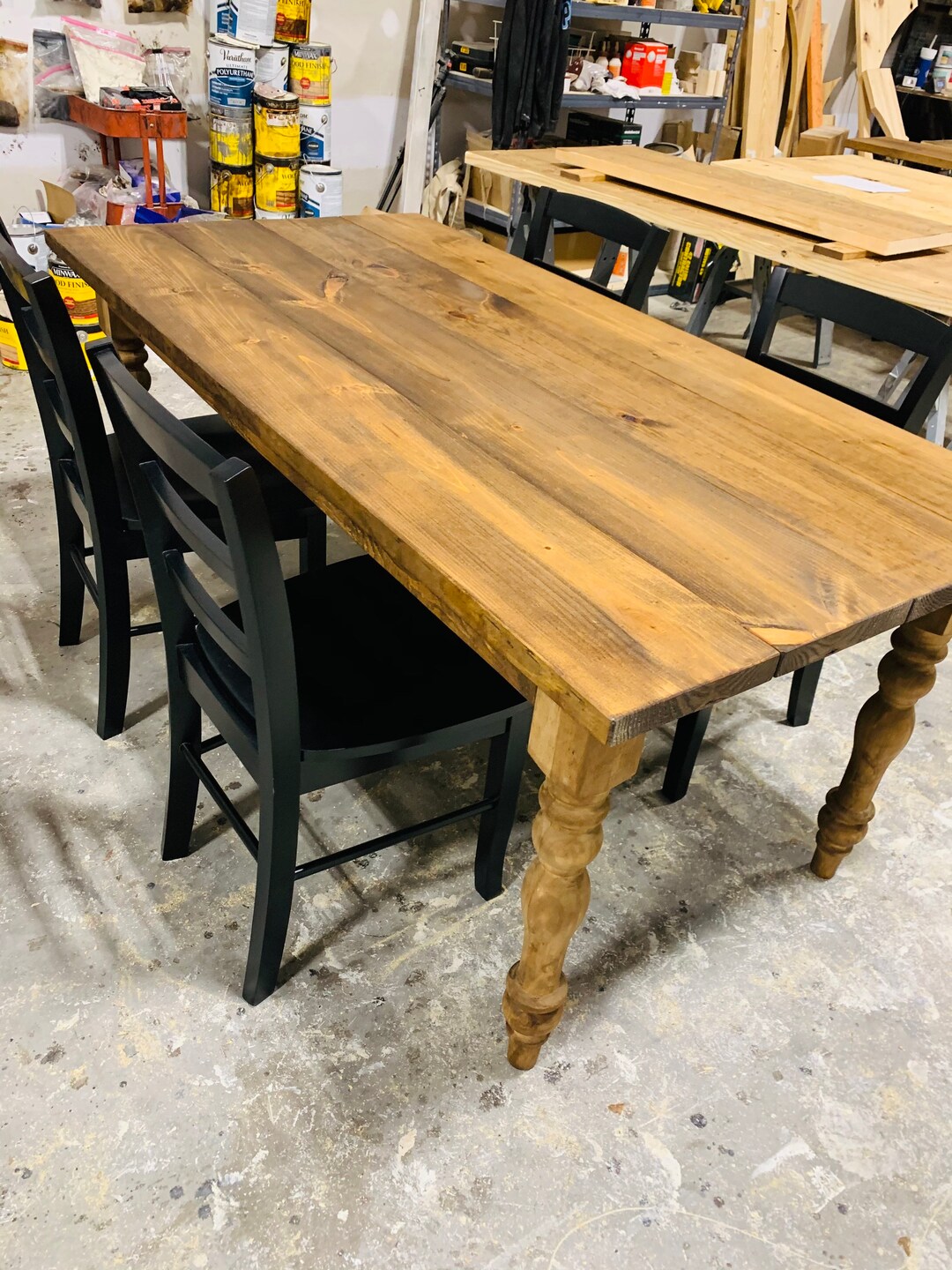 Rustic Farmhouse Table With Turned Legs, Black Chairs, Provincial Brown ...