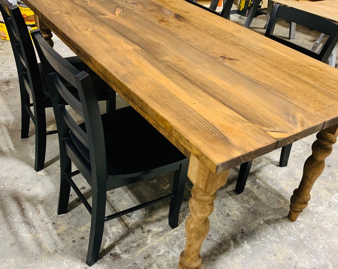 Rustic Farmhouse Table with Turned Legs, Black Chairs, Provincial Brown Stain Finish, Dining Set with Wooden Ladder Back Chairs