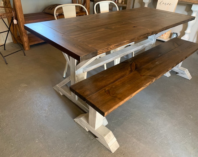 Rustic Pedestal Farmhouse Table, Chairs and Bench, With White Dark Walnut Brown with White Distressed Base Dining