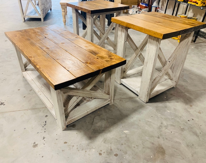 Farmhouse Living Room Set, End Tables Set and Coffee Table with Distressed White Base and Early American Top, Rustic Living Room Furniture X