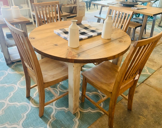 Round Rustic Farmhouse Table with chairs, Four Leg Base, Provincial Brown Top with Distressed White Base, Small Wooden Dining
