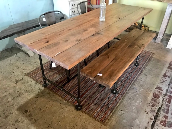 Industrial Style Farmhouse Table With Bench and Metal Chairs Black