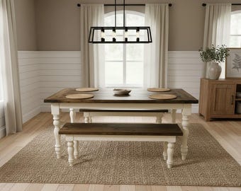 Farmhouse Dining Table Set Benches Turned Legs Solid Wood Rustic Kitchen Small Space Handmade