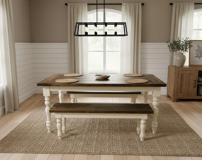 Farmhouse Dining Table Set Benches Turned Legs Solid Wood Rustic Kitchen Small Space Handmade