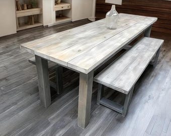 8ft Farmhouse Table with Benches Gray, Gray White Wash - Narrow Wooden Dining Table or Kitchen Table - Custom