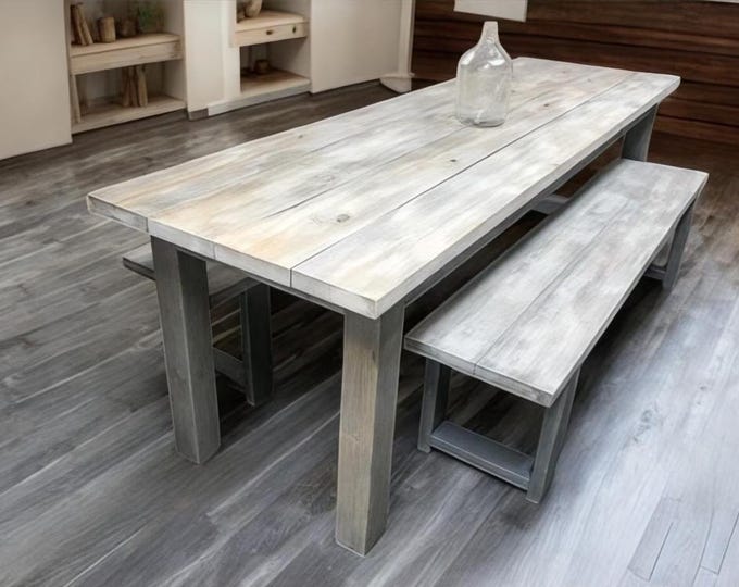 8ft Farmhouse Table with Benches Gray, Gray White Wash - Narrow Wooden Dining Table or Kitchen Table - Custom