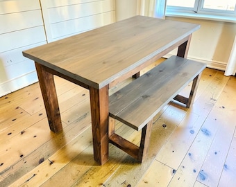 Farmhouse Dining Table Set With Bench Narrow Rustic Wood Gray Kitchen Handmade Furniture