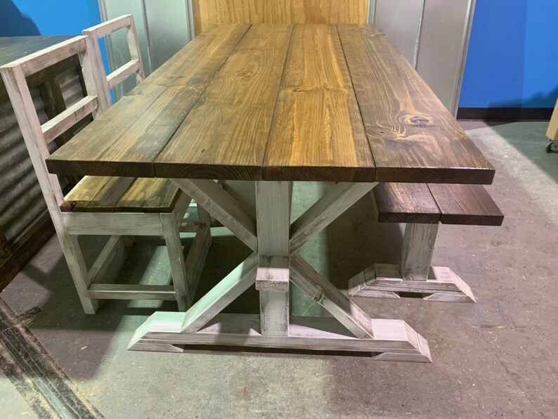 Rustic Pedestal Farmhouse Table With Chairs And Bench Etsy