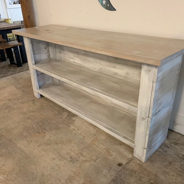 Rustic Farmhouse Buffet or Entertainment Stand, Gray White Wash top and Distressed Antique White Base, Wooden Shelving