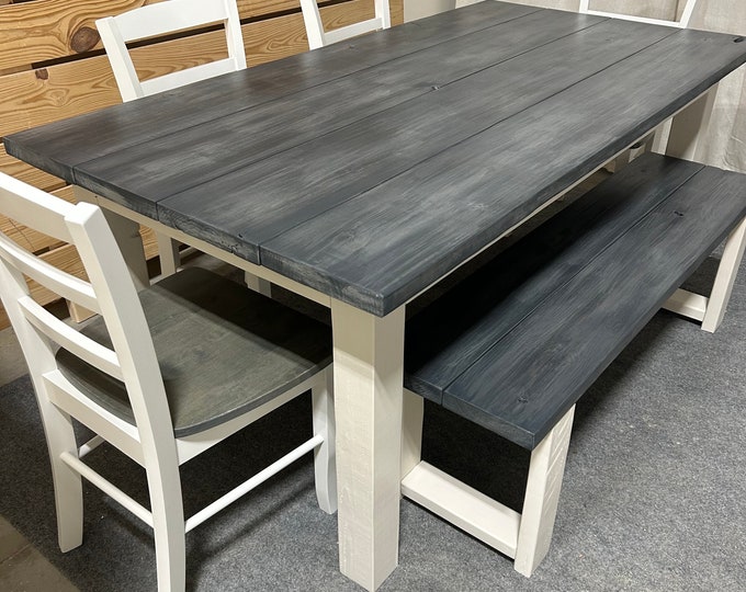 Rustic Farmhouse Dining Set | Handcrafted Modern Table Set Bench & Chairs | Wood Table | Kitchen Table | Handmade Furniture | Reclaimed Look